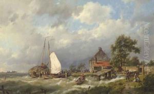 Boats Docking in an Estuary by Johannes Hermanus Koekkoek Snr
