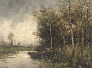 Figure on a boat, with a windmill beyond by Johannes Hermanus Koekkoek Snr