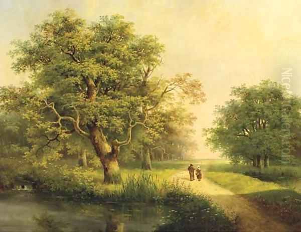 Travellers passing a stream in a wooded landscape - view 1