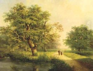 Travellers passing a stream in a wooded landscape by Johannes Hermanus Koekkoek Snr