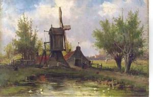 Windmill in a Dutch landscape by Johannes Hermanus Koekkoek Snr