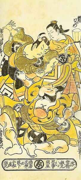 Arashi Wakano as Soga no Obihiki and Ichikawa Danjuro II as Goro, Together with Otani Hiroji 1723 - view 1