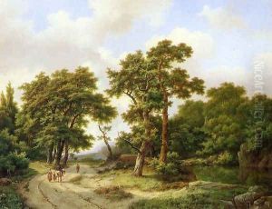 A Wooded Landscape with Travelers and A Horseman Conversing on a Track along a Pond by Marianus Adrianus Koekkoek