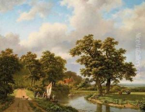 Wooded Landscape with Figures and Cattle by a River by Marianus Adrianus Koekkoek