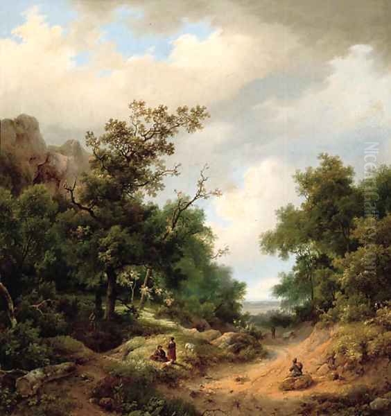 Travellers resting by the side of a path - view 1