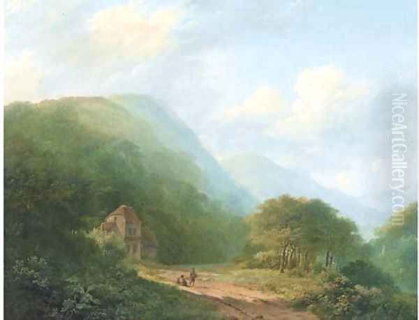 Travellers before a forest lodge - view 1