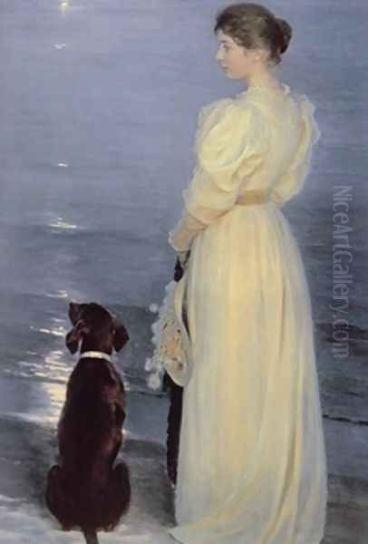 Summer Evening at Skagen the Artists Wife with a Dog on the Beach by Peder Severin Kroyer