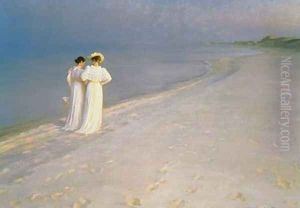Summer Evening on the Skagen Southern Beach with Anna Ancher and Marie Kroyer by Peder Severin Kroyer