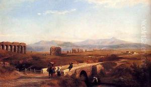 Peasants On A Bridge With Roman Ruins Beyond by Franz Knebel