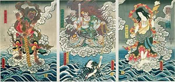 The actor Ichikawa Ebizo V as the deity Fudo Myoo rescuing Ichikawa Danjuro VIII as Honcho maru Tsunagoro Hiranoya Tokubei accompanied by other actors as Seitaka Doji and Kongara Doji - view 1