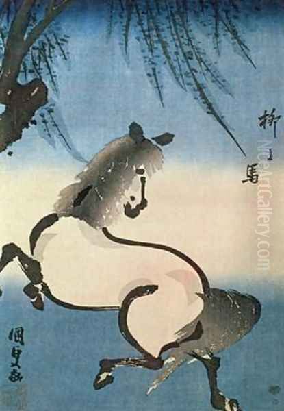 A horse galloping under a willow tree - view 1