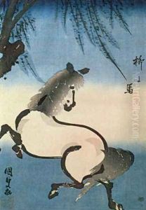 A horse galloping under a willow tree by Utagawa Kunisada