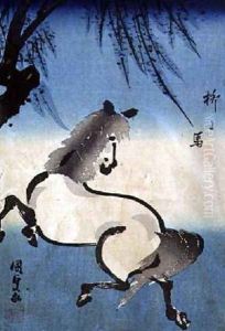 Prancing Horse beneath a Willow Tree by Utagawa Kunisada