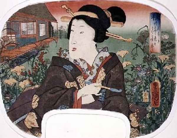 Autumn Hanayashiki A geisha with a pipe design for a fan from a set of four illustrating the seasons - view 1