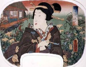 Autumn Hanayashiki A geisha with a pipe design for a fan from a set of four illustrating the seasons by Utagawa Kunisada