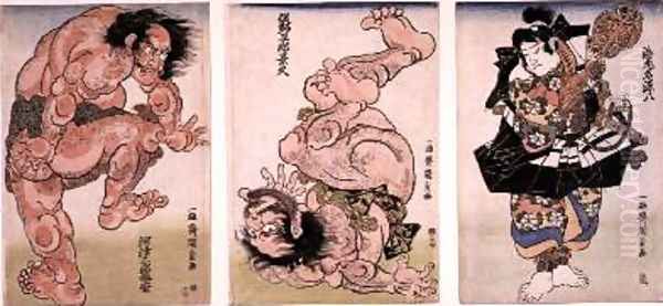 The Wrestlers Matano Goro Kagehisa and Kawazu no Saburo Sukeyasu with The Umpire Ebina Genpachi Triptych - view 1