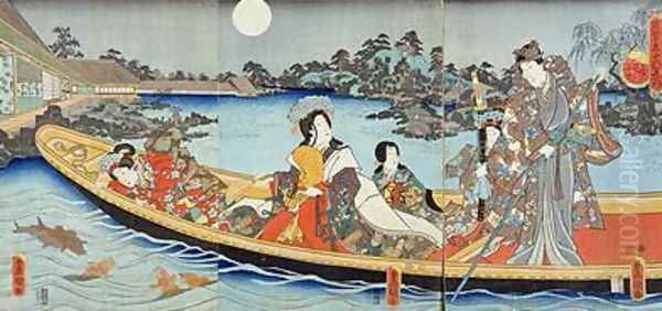Triptych depicting a prince princess and court ladies boating on a garden pond under a full moon in June - view 1
