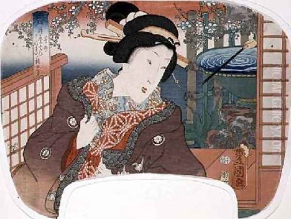 Spring Yoshi cho A geisha in a garden design for a fan from a set of four illustrating the seasons - view 1