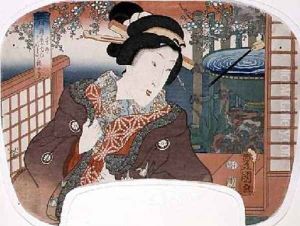 Spring Yoshi cho A geisha in a garden design for a fan from a set of four illustrating the seasons by Utagawa Kunisada