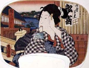 Summer the river at Ryoguku A geisha combing her hair
