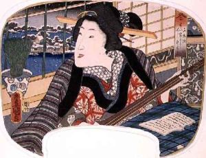 Winter Shinobazu Pond A geisha practicing a ballad design for a fan from a set of four illustrating the seasons 2 by Utagawa Kunisada