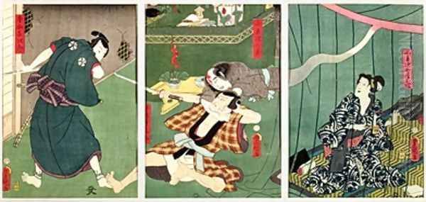 The actors Ichikawa Kodanji IV as the Ghost of Koheiji with wai Kumesaburo as O Tsuka wife of Koheiji Sawamura Tossho II and Kijiro in a scene from the play Kohada no kaii ame no furu numa performed at the Ichimura Theatre - view 1