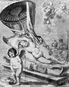 A nude woman sleeping under a parasol, Cupid in the foreground by Nikolaus Knupfer