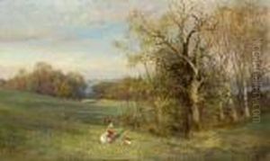 Fruhling Am Starnberger See, Mit Blumen Pfluckenden Madchen. Fruhling Am Starnberger See, Mit Blumen Pfluckenden Madchen.
