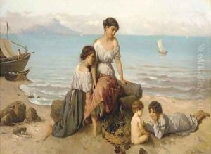 Children on the Italian coast with a basket of grapes, Capri beyond by Wilhelm Kray