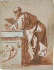 A Prohet Reading And Leaning Against A Standing Desk