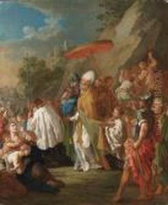 A Procession With A Bishop Carrying A Statue Of The Madonna Andchild