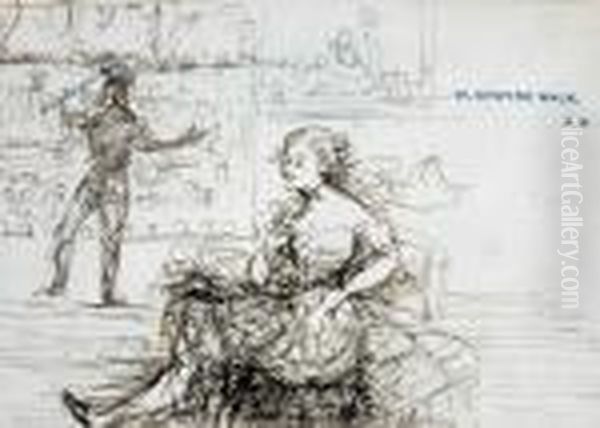 Figures In An Art Gallery Ink On Note Paper - view 1