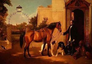 A Gentleman with his Hunter and Dogs outside his house by Friedrich Wilhelm Keyl
