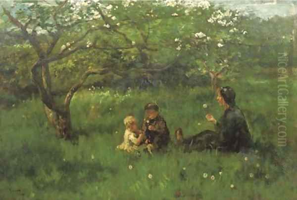 In the orchard blowing dandelions - view 1