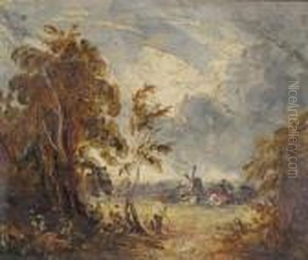 Pastoral Scene With Rustic And Distant Windmill - view 1