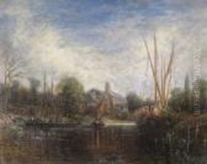 River View With Boats And Children Swimming by John Constable
