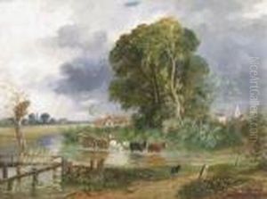 A River Landscape With A Horse And Cart Crossing A River Near A Cottage, A Church Beyond by John Constable