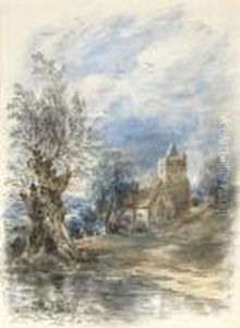 A Willow Beside Water, A Church Beyond by John Constable