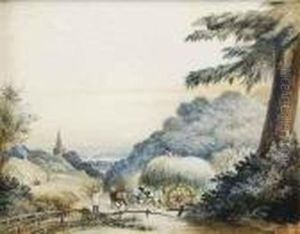 A Hay Wain On A Country Road, A Church Beyond by John Constable