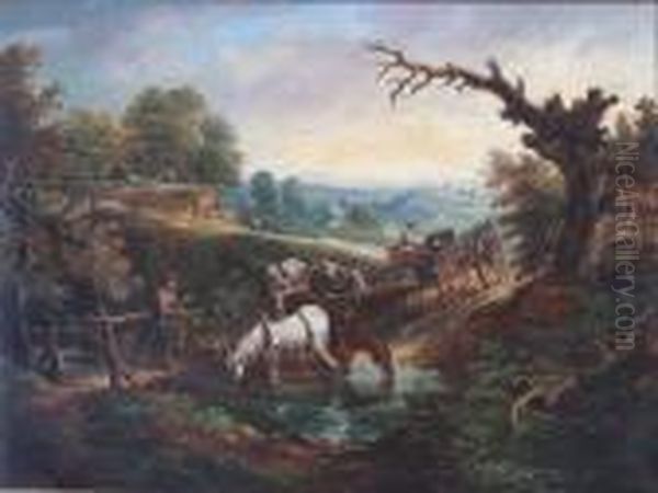 Figures With Horses And A Cart Fording A Bridge - view 1