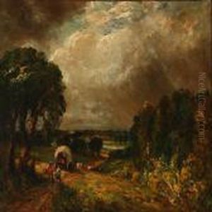 An English Stormy Landscape With Farmers By A Wagon by John Constable
