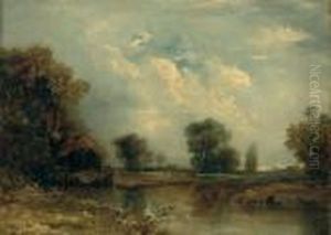A Wooded River Landscape With An Angler On A Bank by John Constable