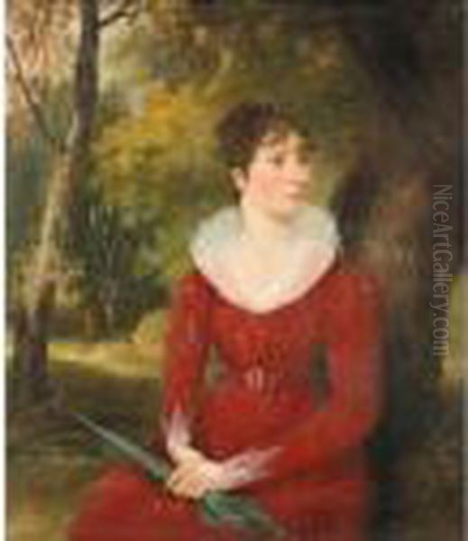 A Portrait Of A Lady Wearing A Red Dress And Holding A Green Parasol Across Her Lap - view 1