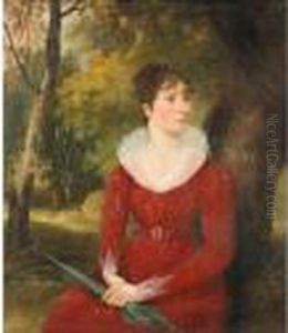 A Portrait Of A Lady Wearing A Red Dress And Holding A Green Parasol Across Her Lap by John Constable