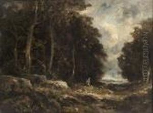 A Wooded Landscape With A Traveller On A Track, A Town Beyond by John Constable