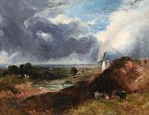 Donkeys And A Windmill In A Landscape