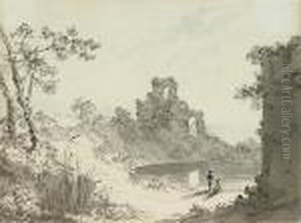 Fishermen In Front Of A Gothic Ruin, Another Ruin On Theright - view 1