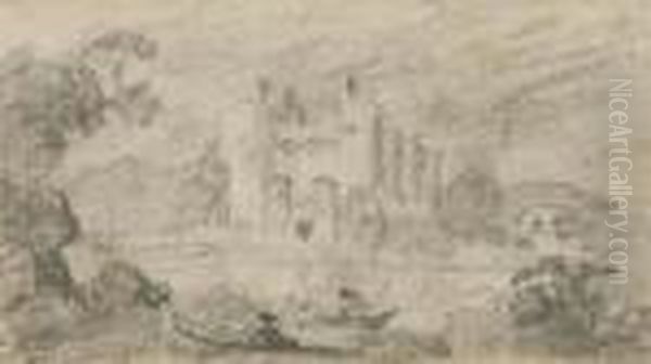 Landscape Study With Castle Bei A Lake And Anglers - view 1