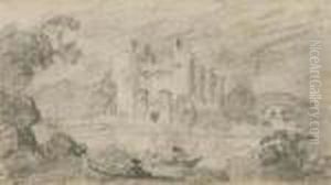 Landscape Study With Castle Bei A Lake And Anglers