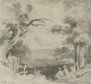 Figures Resting In A Landscape, A Town Beyond by John Constable